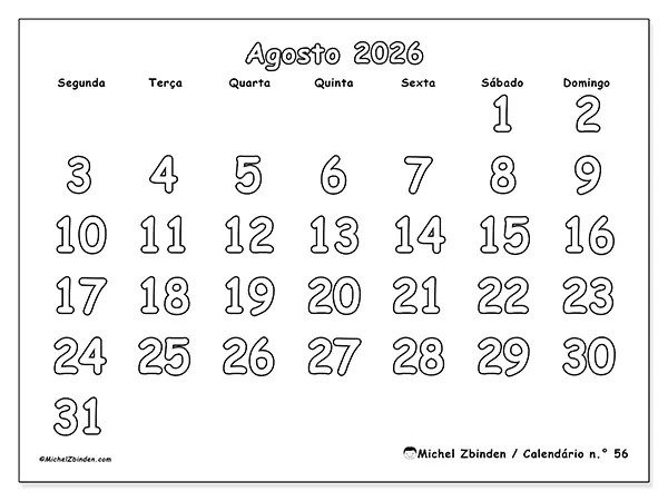 Calendário de agosto de 2026 para imprimir - Colorir útil