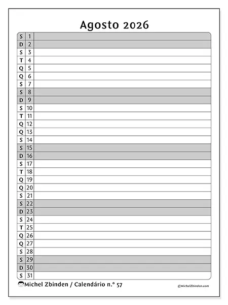Calendário de agosto de 2026 para imprimir - Lista de atividades