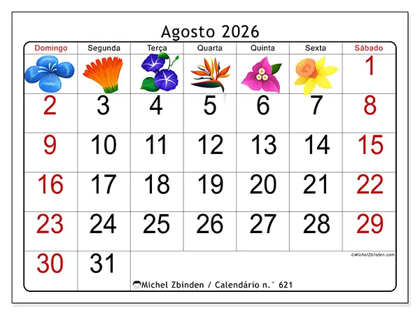 Calendário de agosto de 2026 para imprimir - Flores grandes - Semana de domingo a sábado