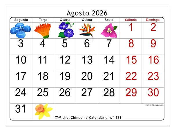 Calendário de agosto de 2026 para imprimir - Flores grandes