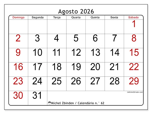 Calendário de agosto de 2026 para imprimir - Leitura rápida - Semana de domingo a sábado