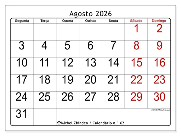 Calendário de agosto de 2026 para imprimir - Leitura rápida