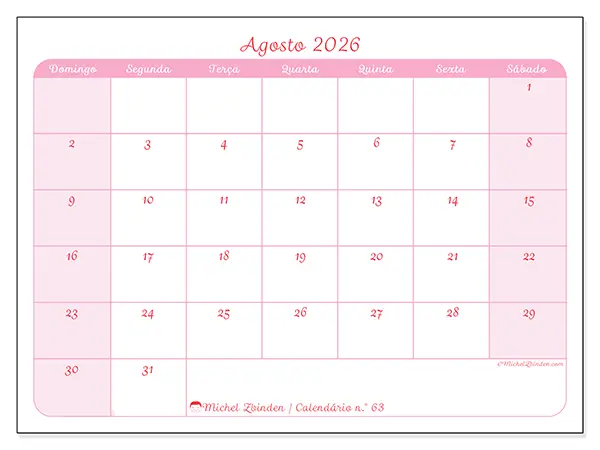 Calendário de agosto de 2026 para imprimir - Organização suave - Semana de domingo a sábado