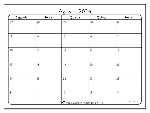 Calendário de agosto de 2026 para imprimir - Organização do trabalho