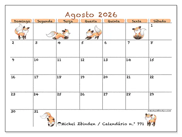 Calendário de agosto de 2026 para imprimir - Desenhos de raposas - Semana de domingo a sábado