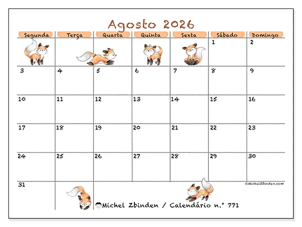 Calendário de agosto de 2026 para imprimir - Desenhos de raposas
