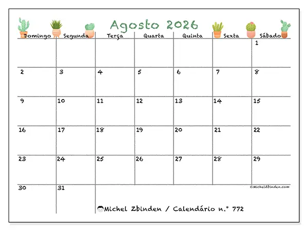 Calendário de agosto de 2026 para imprimir - Cactos decorativos - Semana de domingo a sábado