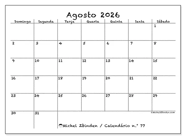 Calendário de agosto de 2026 para imprimir - Escola e família - Semana de domingo a sábado