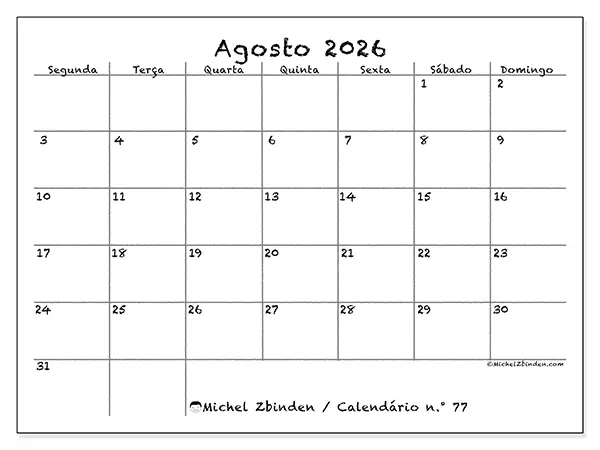 Calendário de agosto de 2026 para imprimir - Escola e família