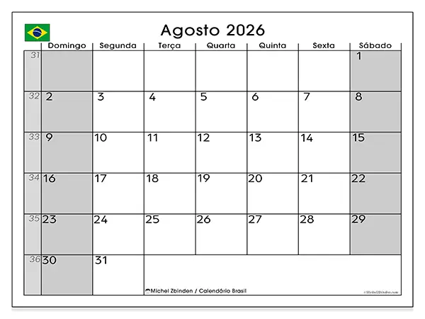 Calendário de agosto de 2026 para imprimir - Brasil
