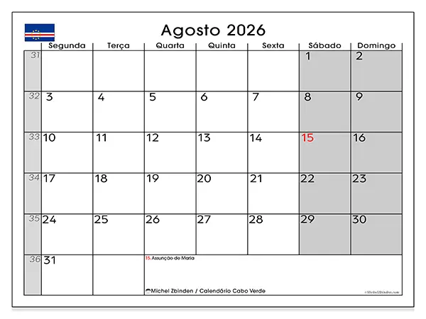 Calendário de agosto de 2026 para imprimir - Cabo Verde