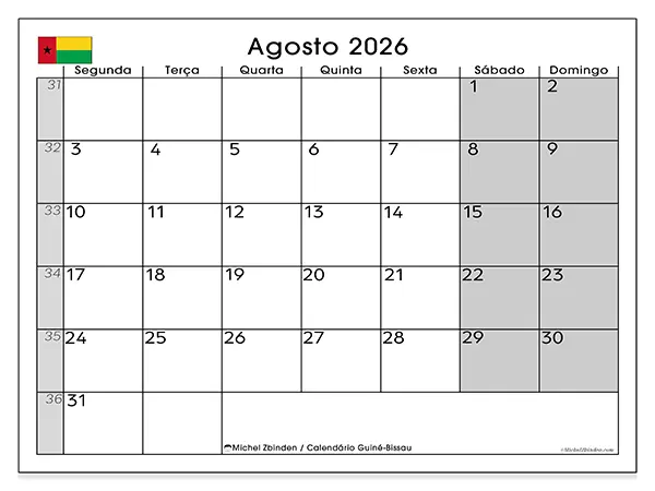 Calendário de agosto de 2026 para imprimir - Guiné-Bissau