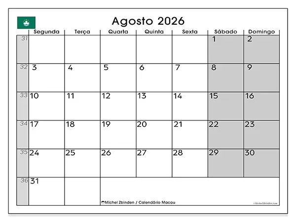 Calendário de agosto de 2026 para imprimir - Macau
