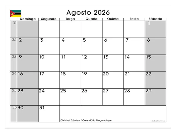 Calendário de agosto de 2026 para imprimir - Moçambique