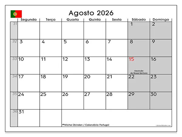 Calendário de agosto de 2026 para imprimir - Portugal