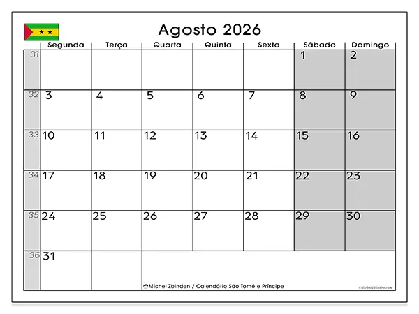 Calendário de agosto de 2026 para imprimir - São Tomé e Príncipe