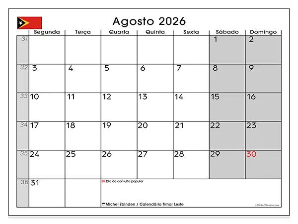 Calendário de agosto de 2026 para imprimir - Timor Leste