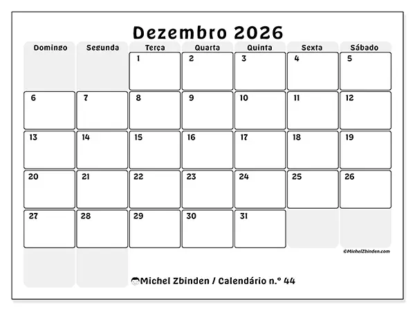 Calendário de dezembro de 2026 para imprimir - Planeamento estruturado - Semana de domingo a sábado