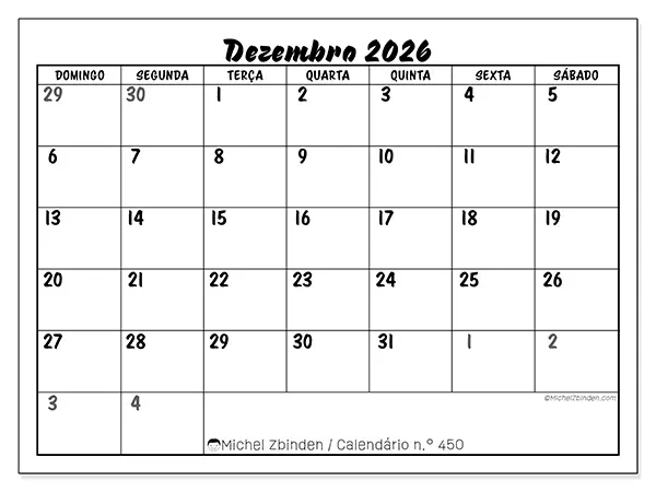 Calendário de dezembro de 2026 para imprimir - Organização detalhada - Semana de domingo a sábado