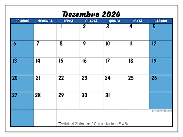 Calendário de dezembro de 2026 para imprimir - Organização dinâmica - Semana de domingo a sábado