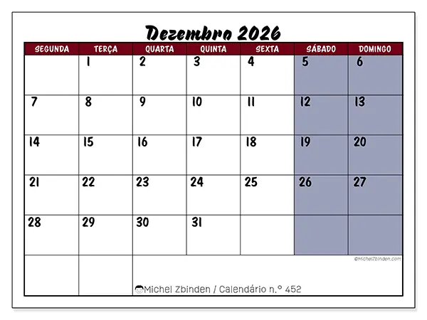 Calendário de dezembro de 2026 para imprimir - Tarefas em cores