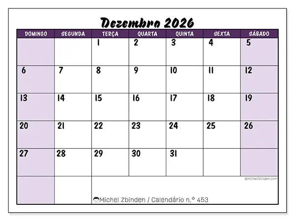 Calendário de dezembro de 2026 para imprimir - Eficiência colorida - Semana de domingo a sábado