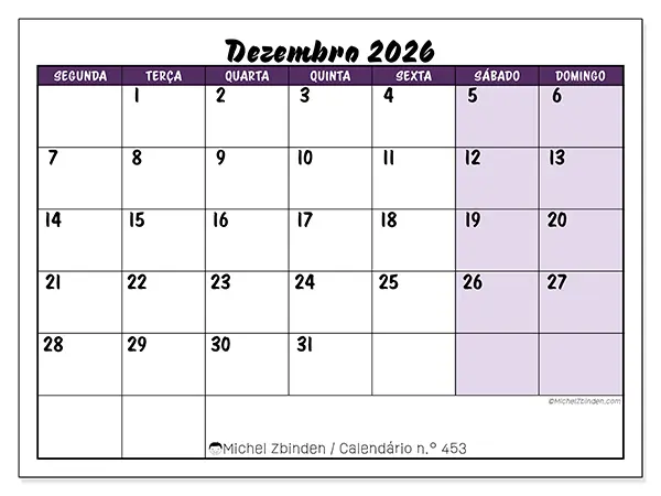 Calendário de dezembro de 2026 para imprimir - Eficiência colorida