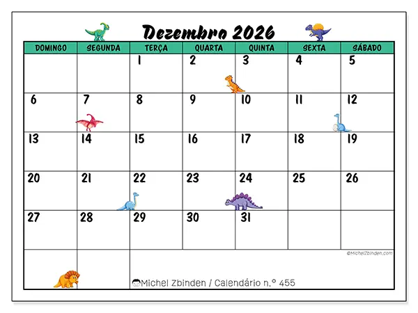 Calendário de dezembro de 2026 para imprimir - Pequenos dinossauros - Semana de domingo a sábado