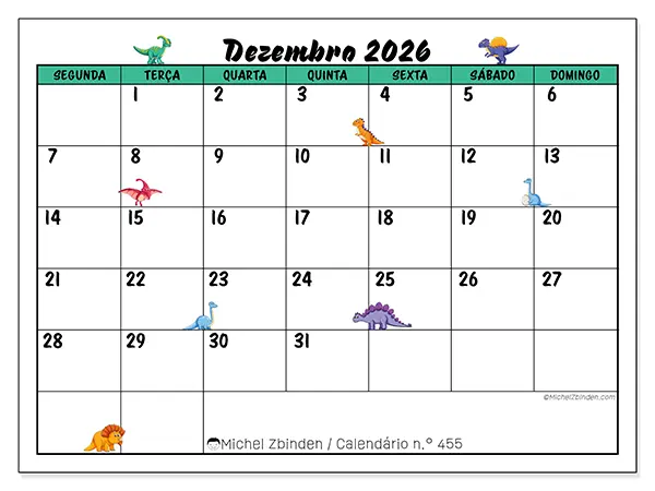 Calendário de dezembro de 2026 para imprimir - Pequenos dinossauros