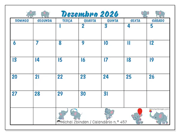 Calendário de dezembro de 2026 para imprimir - Pequenos elefantes - Semana de domingo a sábado