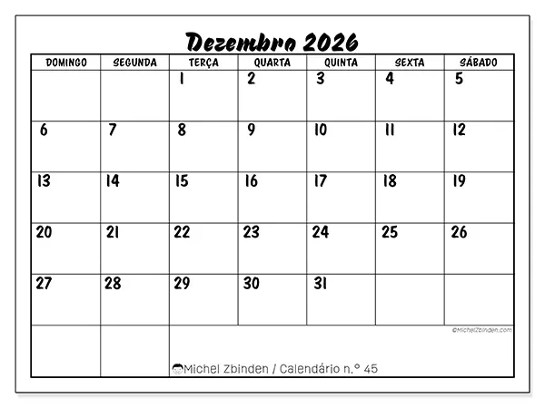 Calendário de dezembro de 2026 para imprimir - Sucesso escolar - Semana de domingo a sábado