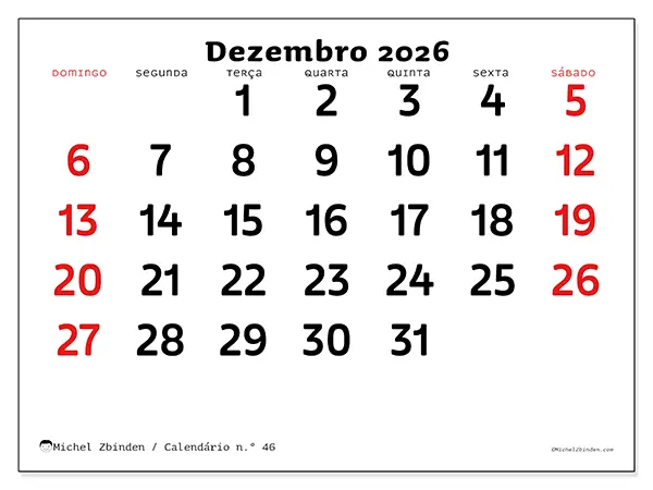 Calendário de dezembro de 2026 para imprimir - Visão clara - Semana de domingo a sábado