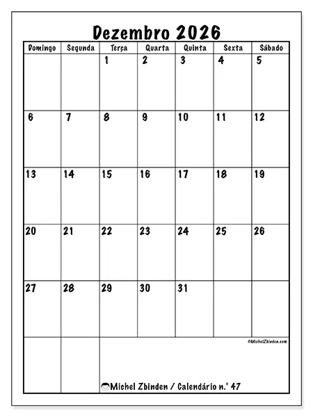 Calendário de dezembro de 2026 para imprimir - Planeamento eficiente - Semana de domingo a sábado