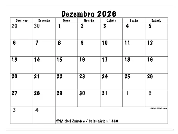 Calendário de dezembro de 2026 para imprimir - Planeamento completo - Semana de domingo a sábado