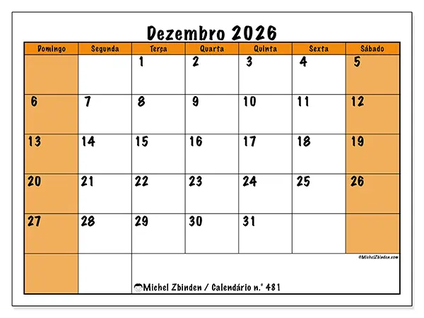 Calendário de dezembro de 2026 para imprimir - Planeamento dinâmico - Semana de domingo a sábado