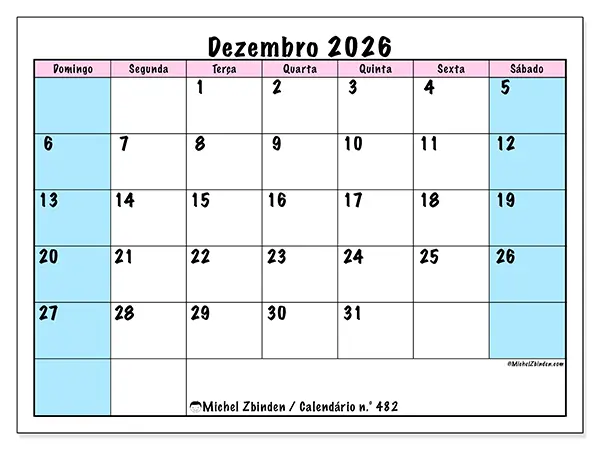 Calendário de dezembro de 2026 para imprimir - Horário de equipa - Semana de domingo a sábado