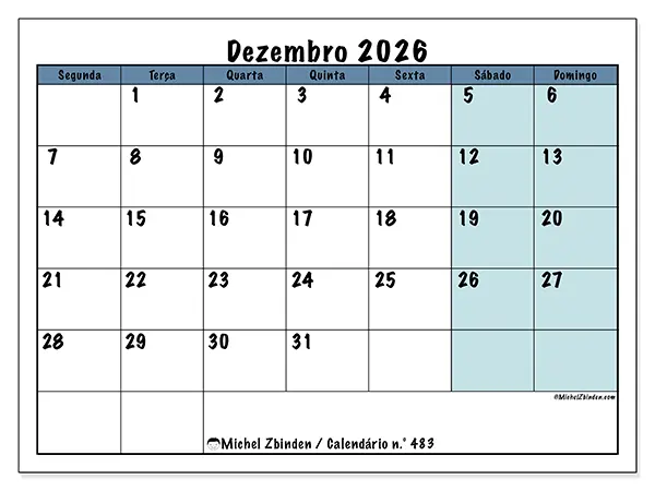 Calendário de dezembro de 2026 para imprimir - Estrutura para a escola