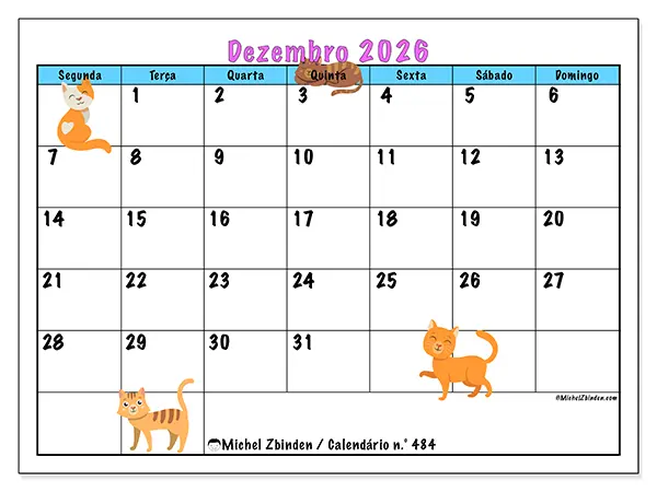Calendário de dezembro de 2026 para imprimir - Amor pelos gatos