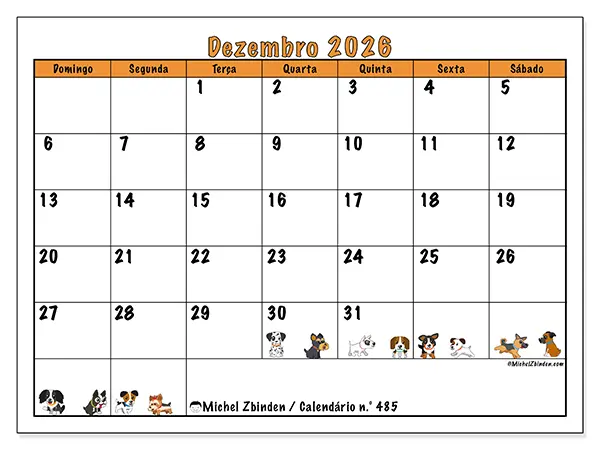 Calendário de dezembro de 2026 para imprimir - Cães entusiasmados - Semana de domingo a sábado