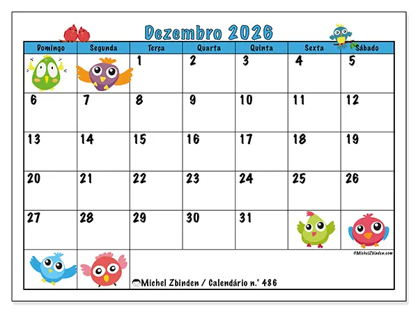 Calendário de dezembro de 2026 para imprimir - Pássaros divertidos - Semana de domingo a sábado