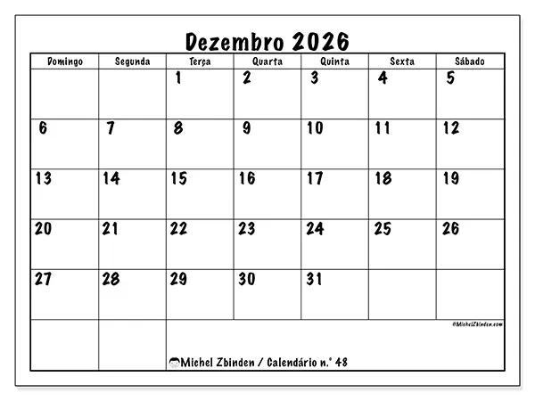 Calendário de dezembro de 2026 para imprimir - Eficiência diária - Semana de domingo a sábado