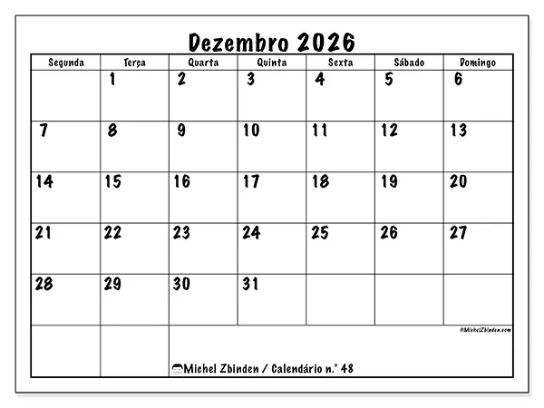Calendário de dezembro de 2026 para imprimir - Eficiência diária