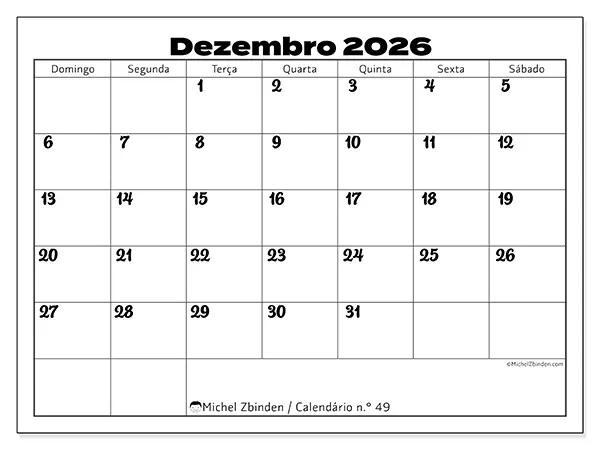 Calendário de dezembro de 2026 para imprimir - Coordenação produtiva - Semana de domingo a sábado