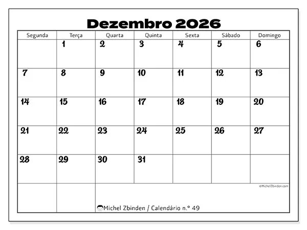 Calendário de dezembro de 2026 para imprimir - Coordenação produtiva