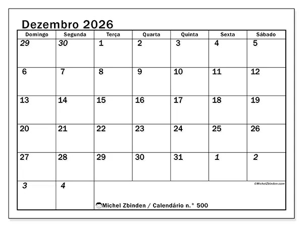 Calendário de dezembro de 2026 para imprimir - Planeamento intensivo - Semana de domingo a sábado