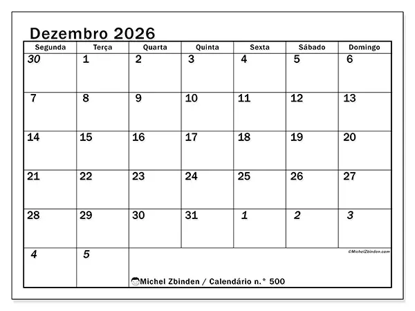 Calendário de dezembro de 2026 para imprimir - Planeamento intensivo