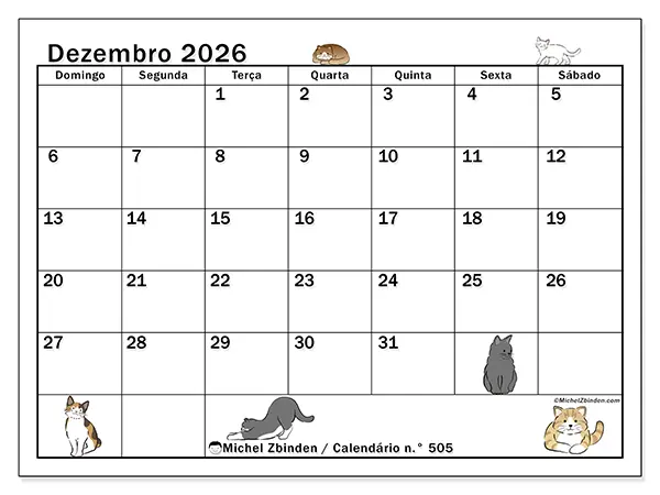 Calendário de dezembro de 2026 para imprimir - Vida de gato - Semana de domingo a sábado