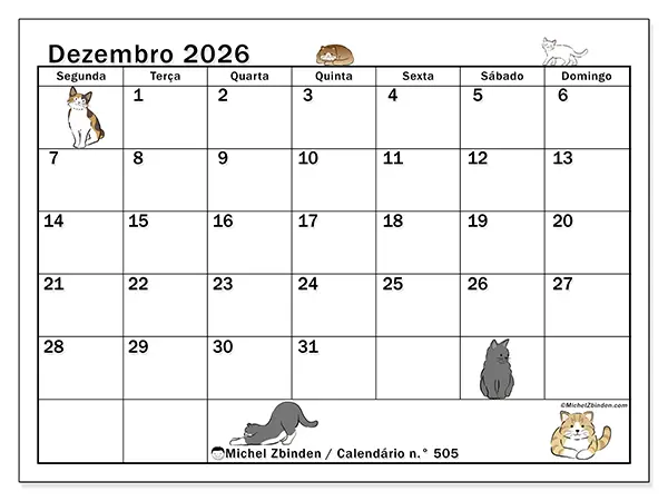 Calendário de dezembro de 2026 para imprimir - Vida de gato