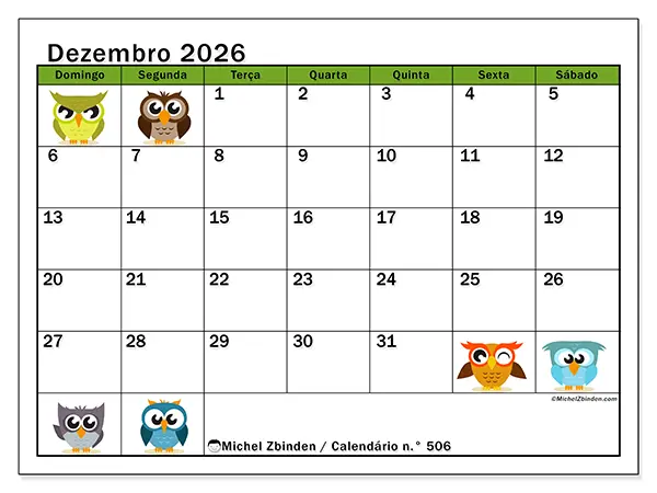 Calendário de dezembro de 2026 para imprimir - Corujas divertidas - Semana de domingo a sábado