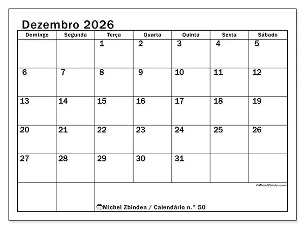Calendário de dezembro de 2026 para imprimir - Planeamento ideal - Semana de domingo a sábado